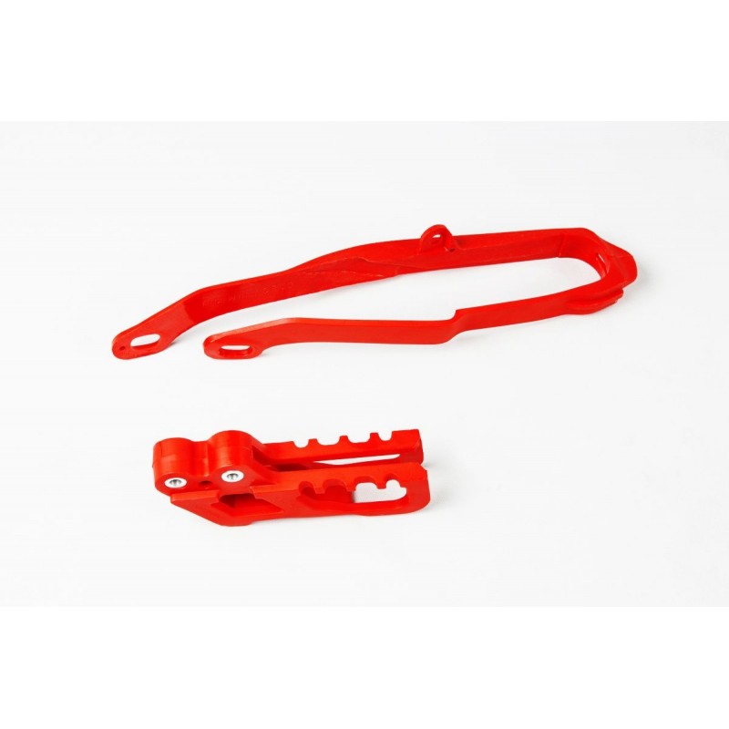 Ufo Komplet Ślizg + Prowadnica ŁańCucha Honda Cr 125/250 '00-04, Crf 250R/X '04, Crf 450R '02-04, Kolor Czerwony